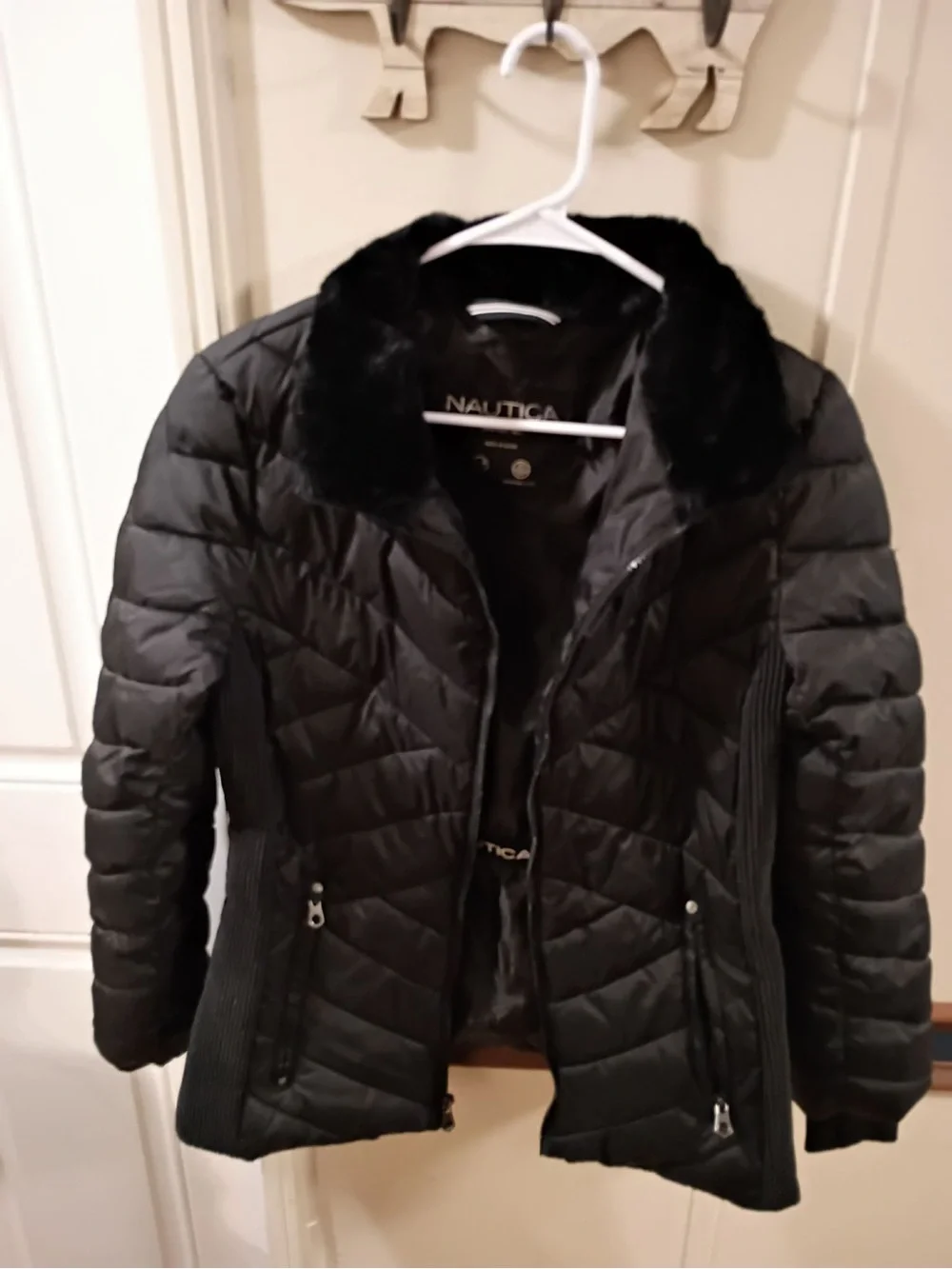 Nautica Black Quilted Puffer Jacket with Faux Fur Collar